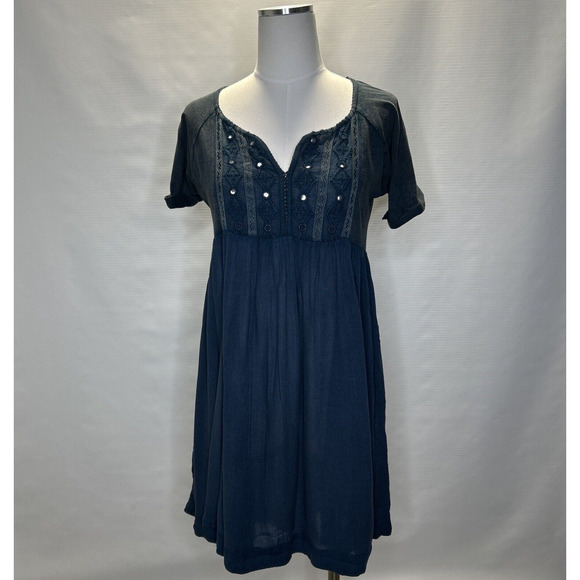 Free People XS Oh So Easy Babydoll Dress Blue Green Embroidered Mirrored Flowy - Picture 1 of 9